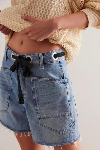 Mxiqqpltky Drawstring Jean Shorts Womens Casual High Waisted Straight Leg Baggy Denim Shorts Summer Loose Fit Short Jeans Y2K in Saudi Arabia