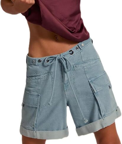 Mxiqqpltky Drawstring Jean Shorts Womens Casual High Waisted Straight Leg Baggy Denim Shorts Summer Loose Fit Short Jeans Y2K in Saudi Arabia