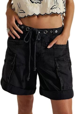 Mxiqqpltky Drawstring Jean Shorts Womens Casual High Waisted Straight Leg Baggy Denim Shorts Summer Loose Fit Short Jeans Y2K in Saudi Arabia