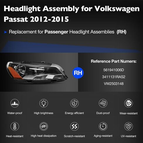 Headlights Assembly - Chrome Housing Headlamps Compatible with Volkswagen VW Passat 2012-2015 - Replacement for 561941006D, 3411131RAS2, and VW2503148 - Passenger Side RH in Saudi Arabia