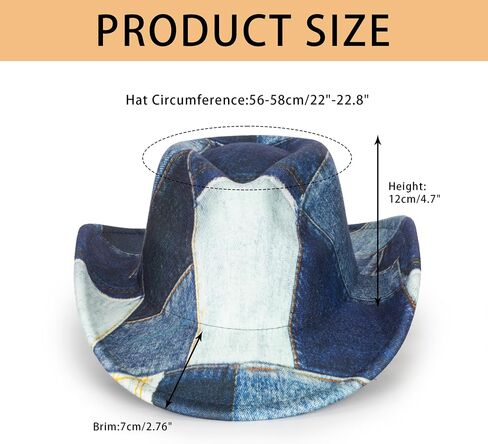 Western-Cowboy Hat for Women-Man-Wide Brim Tie Dye Splicing Denim Cowgirl Hats-Fedora Jazz Hat (Size:M-L) in Saudi Arabia