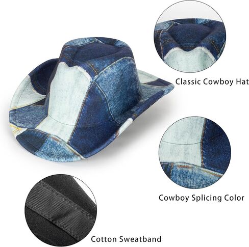 Western-Cowboy Hat for Women-Man-Wide Brim Tie Dye Splicing Denim Cowgirl Hats-Fedora Jazz Hat (Size:M-L) in Saudi Arabia