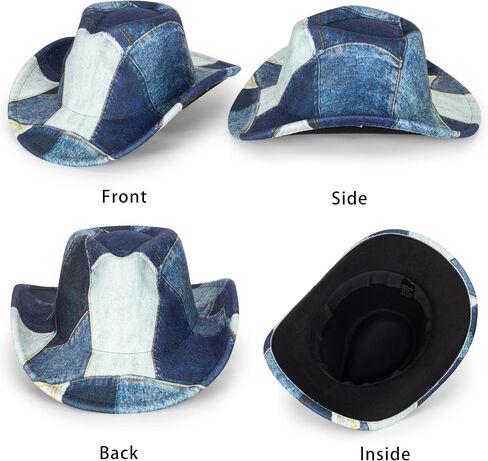 Western-Cowboy Hat for Women-Man-Wide Brim Tie Dye Splicing Denim Cowgirl Hats-Fedora Jazz Hat (Size:M-L) in Saudi Arabia
