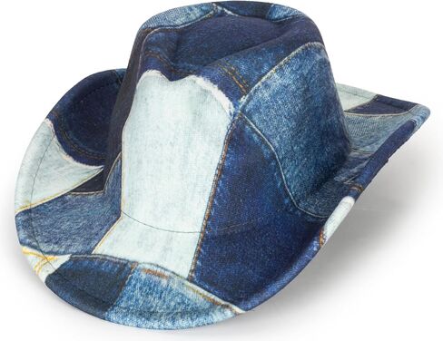 Western-Cowboy Hat for Women-Man-Wide Brim Tie Dye Splicing Denim Cowgirl Hats-Fedora Jazz Hat (Size:M-L) in Saudi Arabia