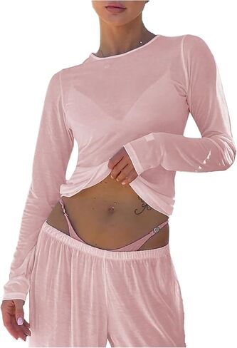 Women's Sheer Mesh Long Sleeve T Shirts Boat Neck Slim Fit Tee Tops Going Out See Through Shirts in Saudi Arabia