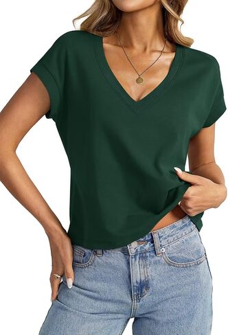 Womens Cap Sleeve Crop Tops Cotton V Neck T Shirt Boxy Loose Fit Short Sleeves Tee Summer Fashion Clothes 2025 in Saudi Arabia