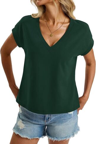 Womens Cap Sleeve Crop Tops Cotton V Neck T Shirt Boxy Loose Fit Short Sleeves Tee Summer Fashion Clothes 2025 in Saudi Arabia