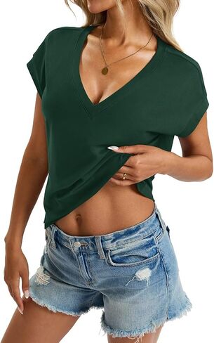 Womens Cap Sleeve Crop Tops Cotton V Neck T Shirt Boxy Loose Fit Short Sleeves Tee Summer Fashion Clothes 2025 in Saudi Arabia