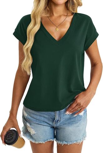 Womens Cap Sleeve Crop Tops Cotton V Neck T Shirt Boxy Loose Fit Short Sleeves Tee Summer Fashion Clothes 2025 in Saudi Arabia