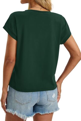 Womens Cap Sleeve Crop Tops Cotton V Neck T Shirt Boxy Loose Fit Short Sleeves Tee Summer Fashion Clothes 2025 in Saudi Arabia