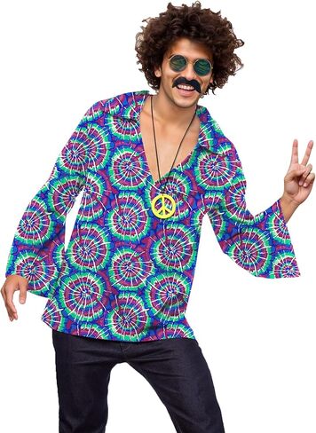 Mainfini 5 Pcs Men Hippie 70s Costume Retro Disco Outfit Floral Shirt With Wig Beard Glasses Necklace (S-2XL) in Kuwait