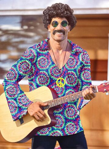 Mainfini 5 Pcs Men Hippie 70s Costume Retro Disco Outfit Floral Shirt With Wig Beard Glasses Necklace (S-2XL) in Kuwait