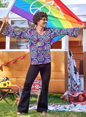 Mainfini 5 Pcs Men Hippie 70s Costume Retro Disco Outfit Floral Shirt With Wig Beard Glasses Necklace (S-2XL) in Kuwait