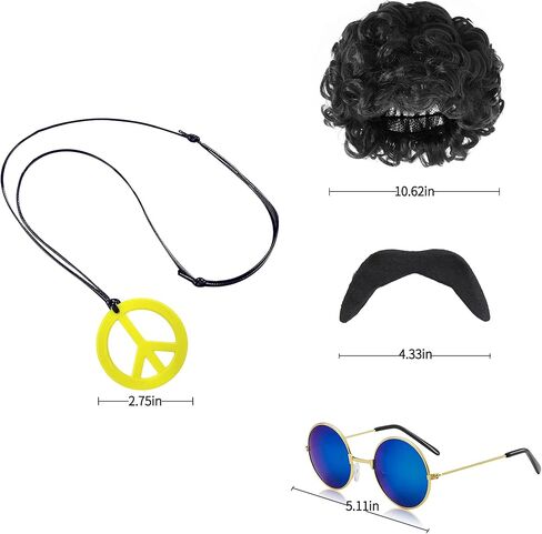 Mainfini 5 Pcs Men Hippie 70s Costume Retro Disco Outfit Floral Shirt With Wig Beard Glasses Necklace (S-2XL) in Kuwait