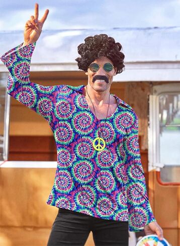 Mainfini 5 Pcs Men Hippie 70s Costume Retro Disco Outfit Floral Shirt With Wig Beard Glasses Necklace (S-2XL) in Kuwait