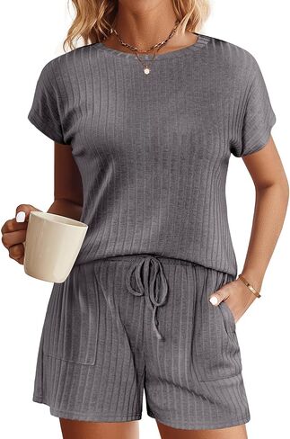 Ekouaer Pajamas for Women Ribbed Knit Lounge Set Cap Sleeve Top and Shorts Loungewear Sleepwear with Pockets S-XXL in Saudi Arabia