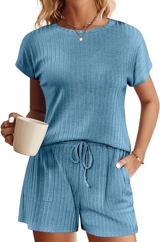 Ekouaer Pajamas for Women Ribbed Knit Lounge Set Cap Sleeve Top and Shorts Loungewear Sleepwear with Pockets S-XXL in Saudi Arabia