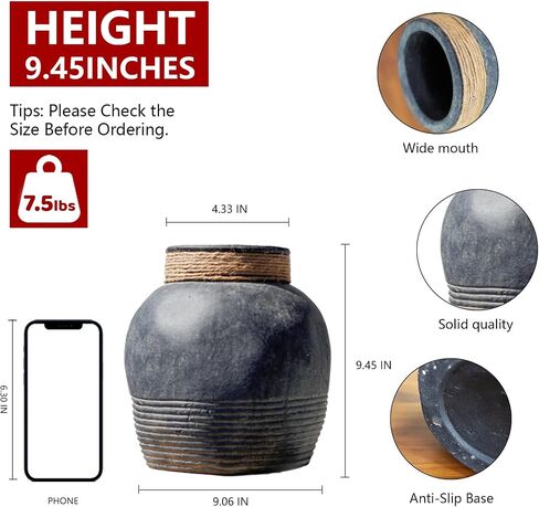 Rustic Farmhouse Vase 7.9'' Handmade Ceramic Flower Vase Vintage Decor Vase Distressed Finish Wide Mouth Decorative Vase Pottery Clay Bowl Vase for Home Decor Living Room Table Farmhouse in Saudi Arabia