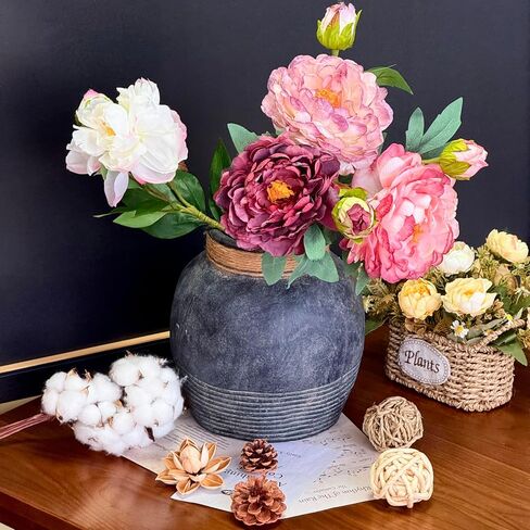 Rustic Farmhouse Vase 7.9'' Handmade Ceramic Flower Vase Vintage Decor Vase Distressed Finish Wide Mouth Decorative Vase Pottery Clay Bowl Vase for Home Decor Living Room Table Farmhouse in Saudi Arabia