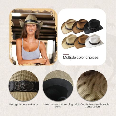 Wildarms Cowboy Hat ، قبعة رعاة البقر ، قبعات رعاة البقر للنساء/رجال/قش واسعة مع قبعة رعاة البقر الغربية القابلة للتشكيل للسيدات in Kuwait