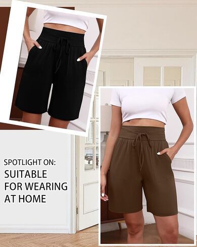 3 Pack Women's Bermuda Shorts High Waist Cotton Drawstring Casual Lounge Athletic Knee Long Shorts with Pockets in Saudi Arabia