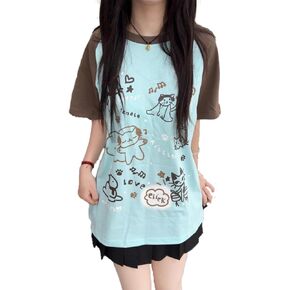 Women's Kawaii Cat Print T-Shirts Cartoon Letter Japan Style Kitten Short Sleeve Cute Print Tops Sweet Girl Y2k Tee Tops in Kuwait