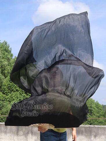 Winged Sirenny Large Single Silk Fan Veil 70"x 45", worship praise Adoration belly dance flag streamer (black-purple-pink) in Kuwait
