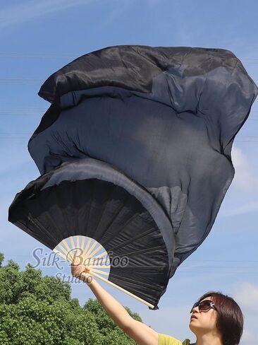 Winged Sirenny Large Single Silk Fan Veil 70"x 45", worship praise Adoration belly dance flag streamer (black-purple-pink) in Kuwait