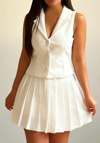 Ecirod Womens 2 Piece Skirt Sets V Neck Blazer Vest Sleeveless High Waisted Outfits Mini Pleated Skirts in Kuwait