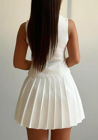 Ecirod Womens 2 Piece Skirt Sets V Neck Blazer Vest Sleeveless High Waisted Outfits Mini Pleated Skirts in Kuwait