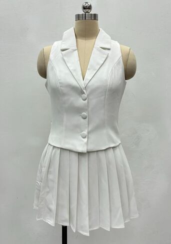 Ecirod Womens 2 Piece Skirt Sets V Neck Blazer Vest Sleeveless High Waisted Outfits Mini Pleated Skirts in Kuwait