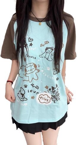 Women's Kawaii Cat Print T-Shirts Cartoon Letter Japan Style Kitten Short Sleeve Cute Print Tops Sweet Girl Y2k Tee Tops in Kuwait