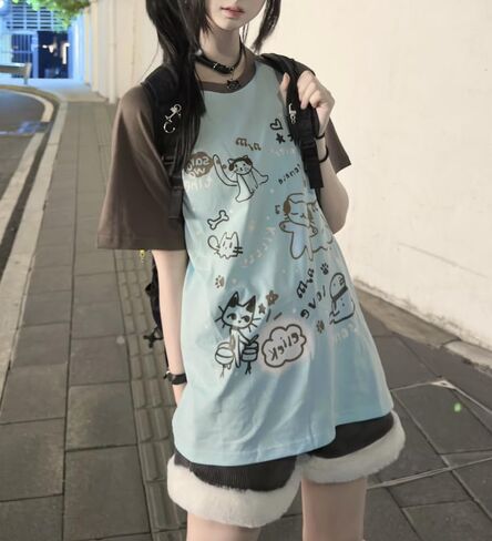 Women's Kawaii Cat Print T-Shirts Cartoon Letter Japan Style Kitten Short Sleeve Cute Print Tops Sweet Girl Y2k Tee Tops in Kuwait