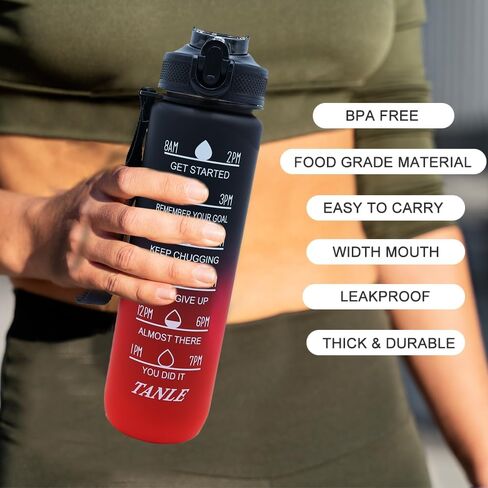 زجاجة مياه رياضية 23oz في الهواء الطلق، مع ملصقات وقت الشرب والسعة، أكواب مياه رياضية مع قش، مقاومة للتسرب خالية من BPA، للياقة البدنية والجري والتسلق (23oz أحمر أسود) in Saudi Arabia