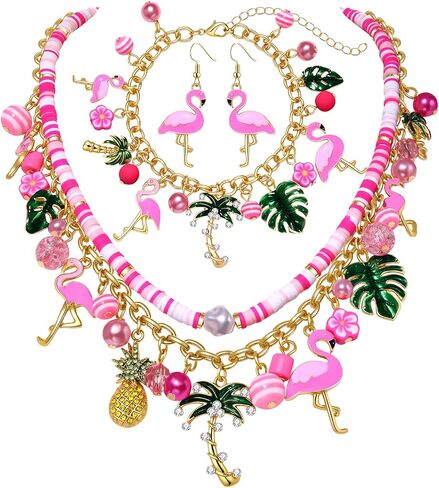 مجوهرات Yahpern Flamingo مجموعة للنساء الوردي فلامنغو قلادة السوار أقراط جوز الهند شجرة النخيل أوراق قلادة سوار سوار الاستوائية الإكسسوارات المجوهرات الشاطئية الصيفية الإكسسوارات in Kuwait