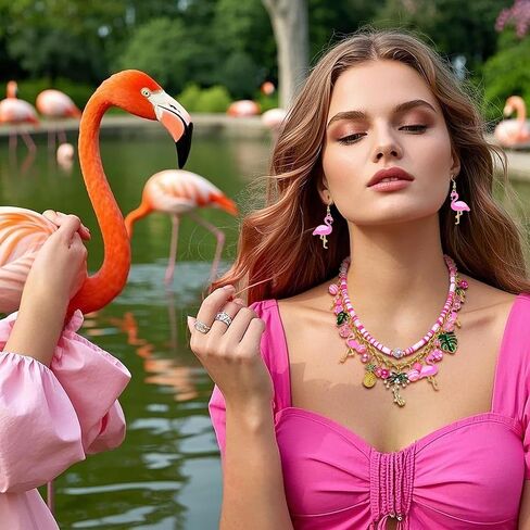 مجوهرات Yahpern Flamingo مجموعة للنساء الوردي فلامنغو قلادة السوار أقراط جوز الهند شجرة النخيل أوراق قلادة سوار سوار الاستوائية الإكسسوارات المجوهرات الشاطئية الصيفية الإكسسوارات in Kuwait