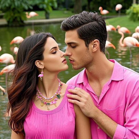 مجوهرات Yahpern Flamingo مجموعة للنساء الوردي فلامنغو قلادة السوار أقراط جوز الهند شجرة النخيل أوراق قلادة سوار سوار الاستوائية الإكسسوارات المجوهرات الشاطئية الصيفية الإكسسوارات in Kuwait