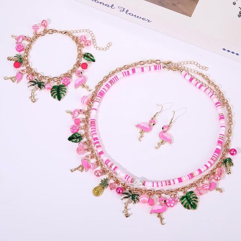 مجوهرات Yahpern Flamingo مجموعة للنساء الوردي فلامنغو قلادة السوار أقراط جوز الهند شجرة النخيل أوراق قلادة سوار سوار الاستوائية الإكسسوارات المجوهرات الشاطئية الصيفية الإكسسوارات in Kuwait