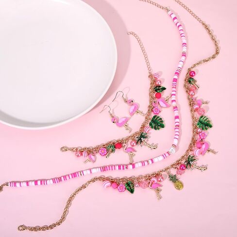 مجوهرات Yahpern Flamingo مجموعة للنساء الوردي فلامنغو قلادة السوار أقراط جوز الهند شجرة النخيل أوراق قلادة سوار سوار الاستوائية الإكسسوارات المجوهرات الشاطئية الصيفية الإكسسوارات in Kuwait