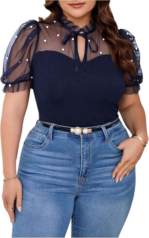 WDIRARA Women's Plus Size Mesh Sheer Tie Neck T Shirt Pearls Puff Short Sleeve Tee Top in Saudi Arabia