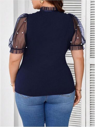 WDIRARA Women's Plus Size Mesh Sheer Tie Neck T Shirt Pearls Puff Short Sleeve Tee Top in Saudi Arabia