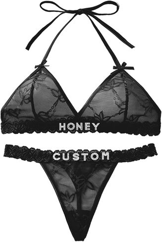 Personalized Thong and Bra Set with Hand-sewn Names On It - Custom Name Underwear Panty Sets for Couples, Women in Saudi Arabia