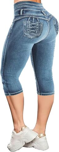 Flamingals Blue Skinny Jeans for Women Stretchy Mid Waist Butt Lifting Trendy Denim Capris in Saudi Arabia