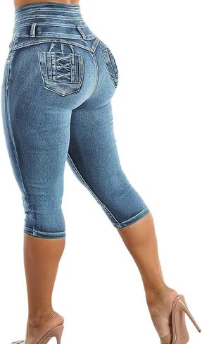 Flamingals Blue Skinny Jeans for Women Stretchy Mid Waist Butt Lifting Trendy Denim Capris in Saudi Arabia