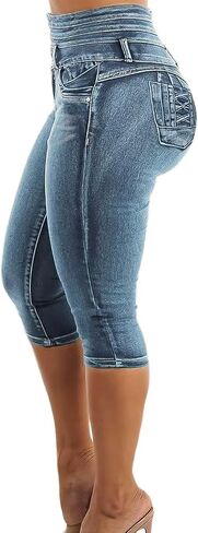 Flamingals Blue Skinny Jeans for Women Stretchy Mid Waist Butt Lifting Trendy Denim Capris in Saudi Arabia