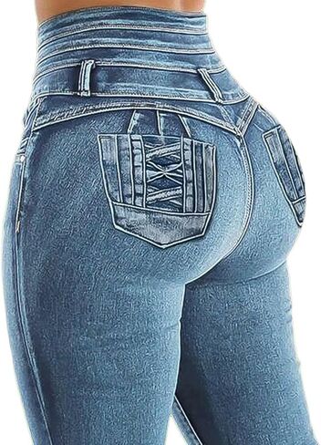 Flamingals Blue Skinny Jeans for Women Stretchy Mid Waist Butt Lifting Trendy Denim Capris in Saudi Arabia