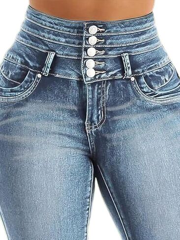 Flamingals Blue Skinny Jeans for Women Stretchy Mid Waist Butt Lifting Trendy Denim Capris in Saudi Arabia