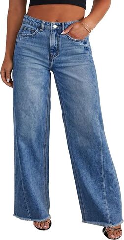 Eytino Women's Plus Size Wide Leg Jeans Elastic High Waist Stretchy Raw Hem Denim Pants with Pockets(1X-5X) in Saudi Arabia