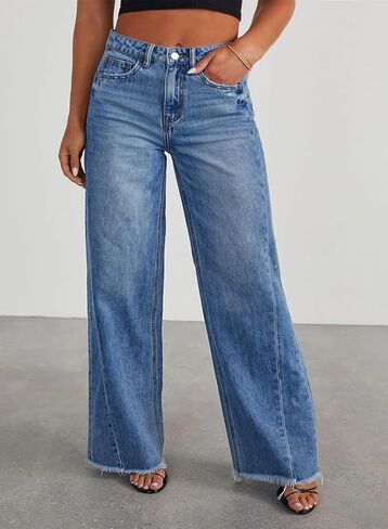 Eytino Women's Plus Size Wide Leg Jeans Elastic High Waist Stretchy Raw Hem Denim Pants with Pockets(1X-5X) in Saudi Arabia