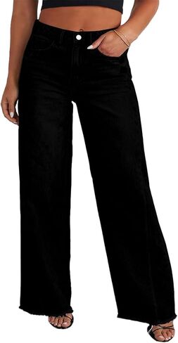 Eytino Women's Plus Size Wide Leg Jeans Elastic High Waist Stretchy Raw Hem Denim Pants with Pockets(1X-5X) in Saudi Arabia
